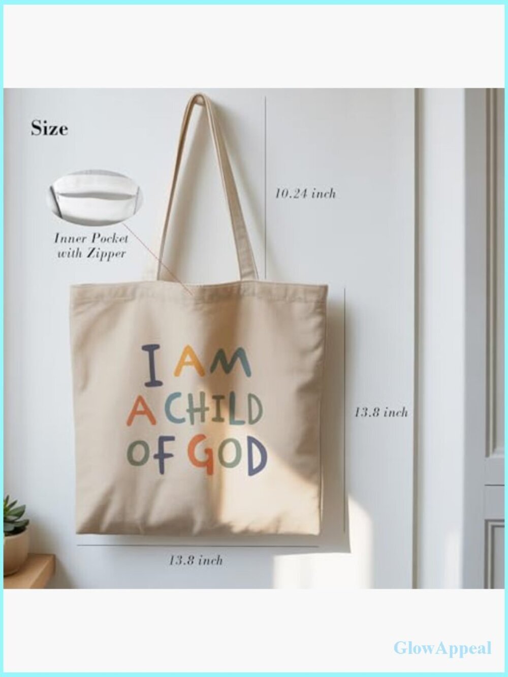Canvas Tote Bag with Inner Zipper Pocket, 13.8 Inch Shoulder Bag - Picture 5 of 7